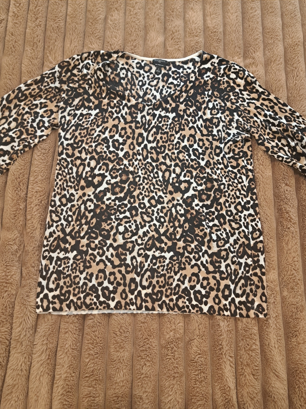 Talbots Sweater Women Plus Size X Brown Animal Print V Neck 100% Merino Wool